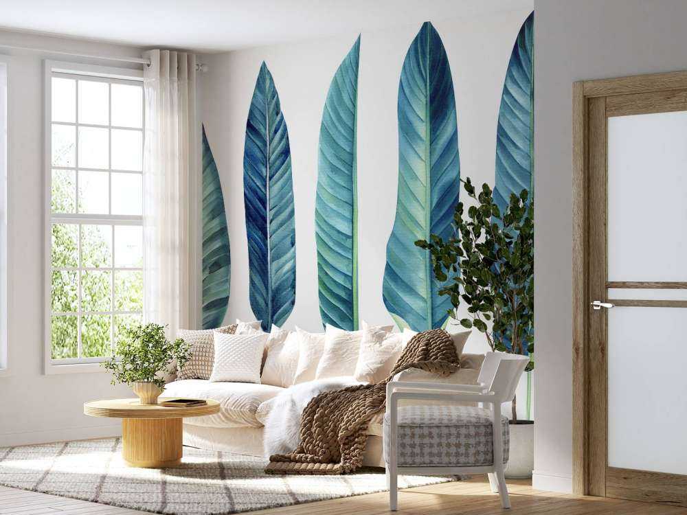 Feuilles tropicales bleu canard sur fond blanc