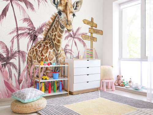 Bébé girafe dans la jungle rose