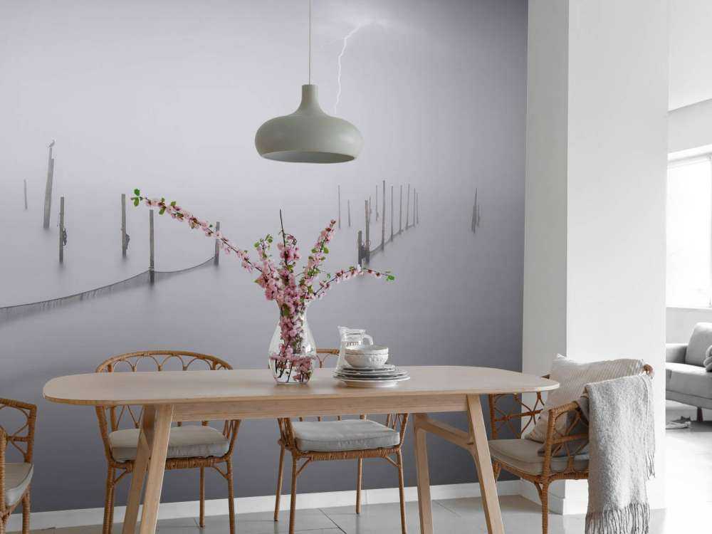 Filet de pêche avec brouillard et orage