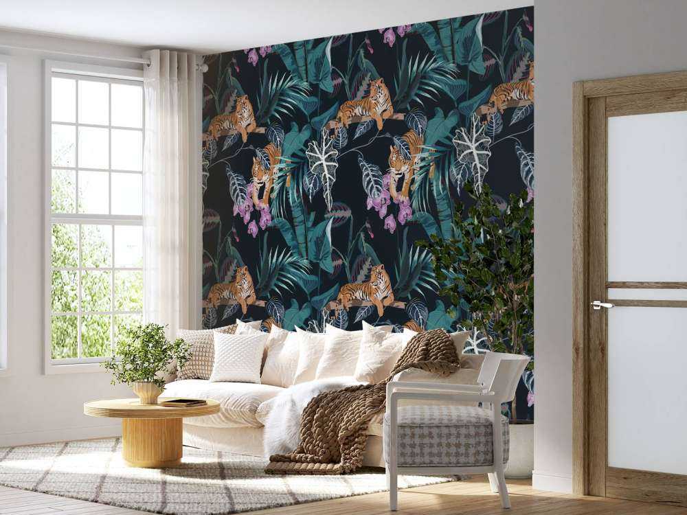 Tigres, feuilles et fleurs