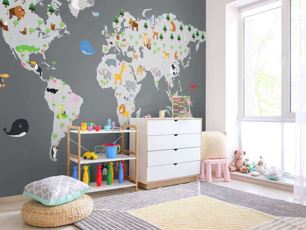 Carte du monde pour les enfants avec fond gris