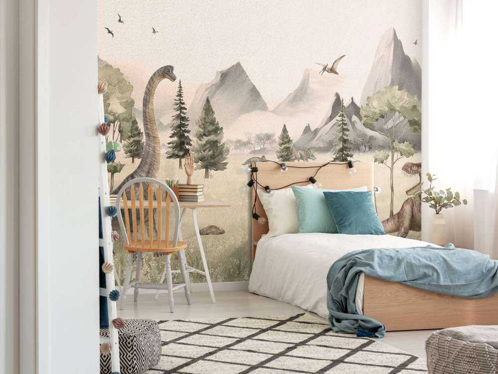 Paysage avec dinosaures en beige