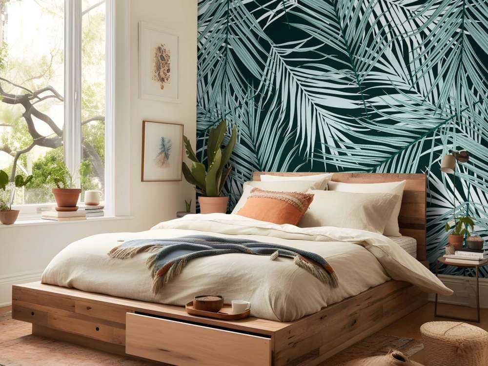 Feuilles tropicales bleu canard sur fond noir