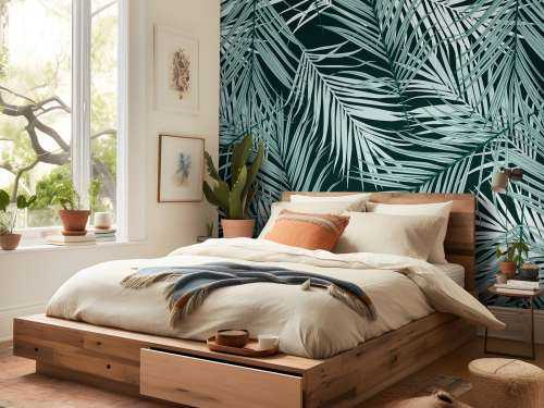 Feuilles tropicales bleu canard sur fond noir