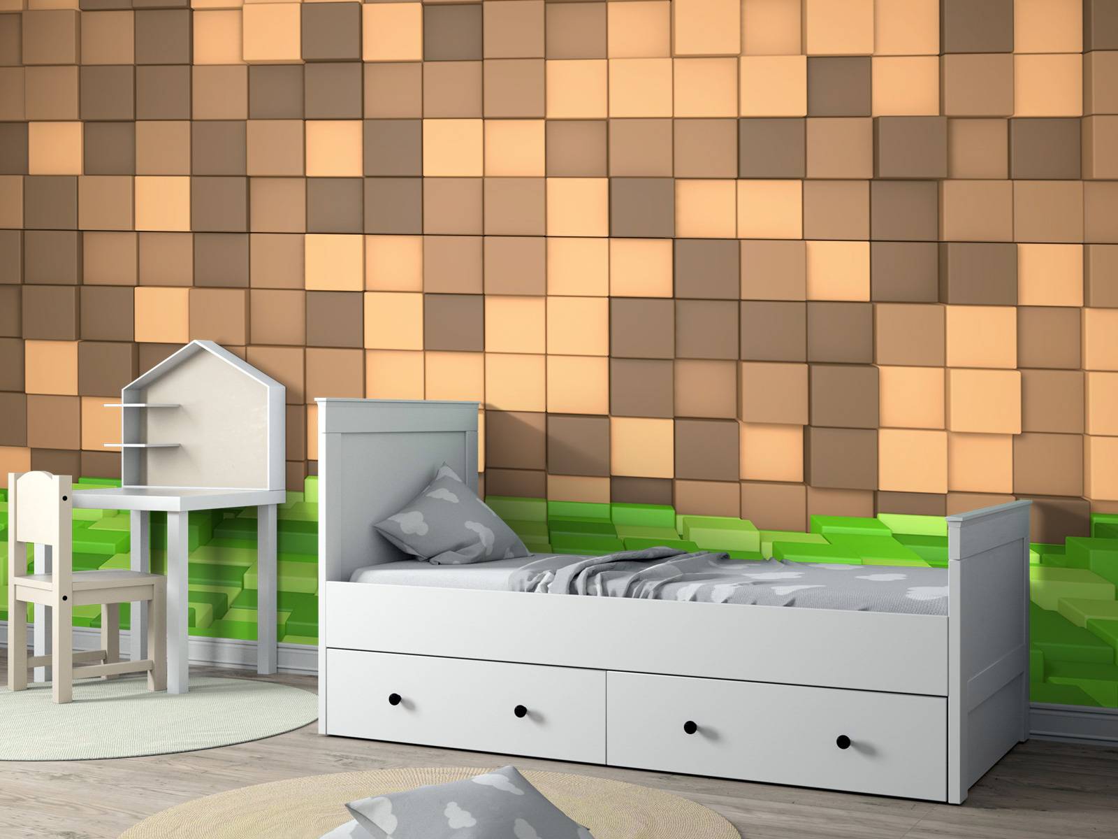 Paysage Minecraft en 3D avec des blocs bruns