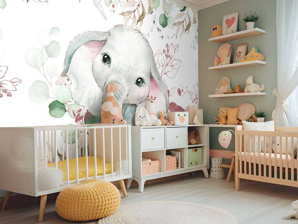Bébé éléphant feuillage menthe et rose