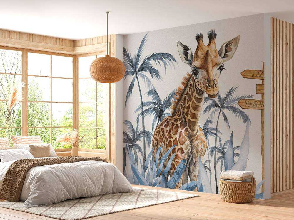 Bébé girafe dans la jungle bleue