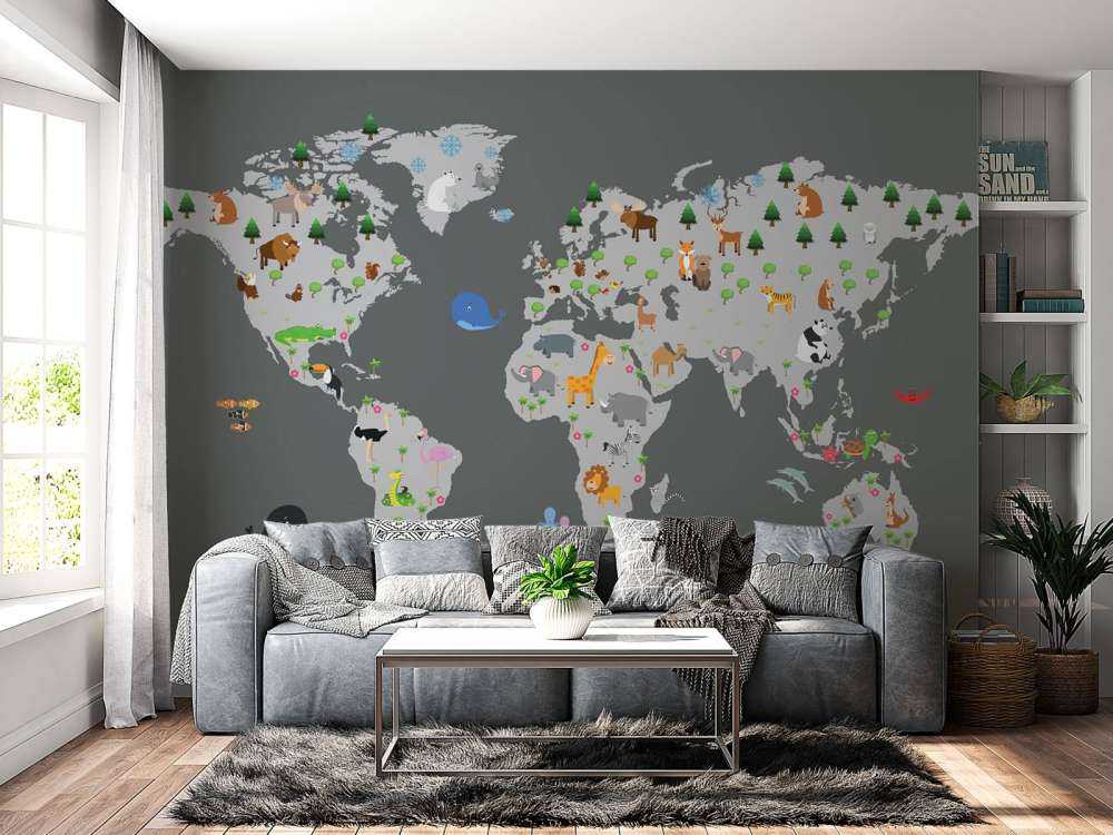 Carte du monde pour les enfants avec fond gris